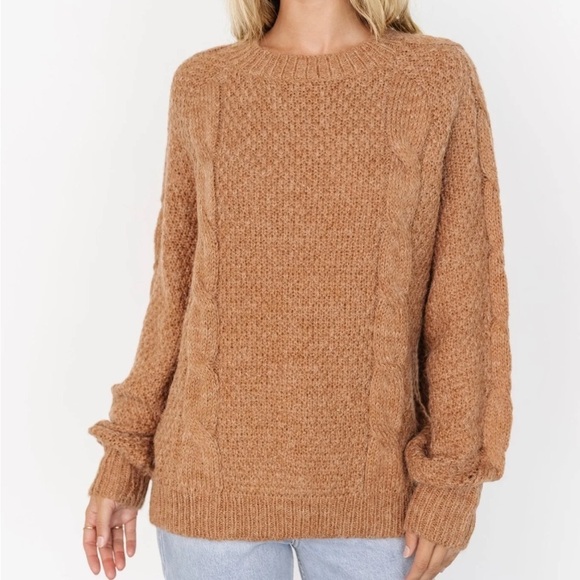 In Loom Tan Camel Brown Chunky Cable Knit Wool Sweater Size S NWT - Picture 9 of 16
